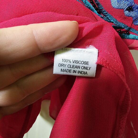 Vintage Collection Women's Red Chiffon Top Tunic Blue Floral Embroidery Beaded L - Picture 5 of 12